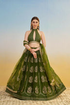Aastha Fashion Mehandi Green Butterfly Net Tone To Tone Cotton Thread Work And Sequence Work Embroidery Wedding Wear Lehenga Choli | Grocsy