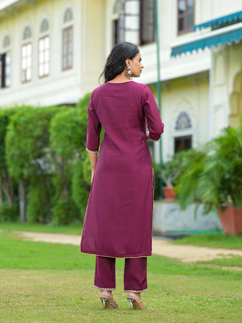 Juniper Women's Wine Solid Viscose Kurta Pant With Dupatta Set With Zari & Mirror Embroidery | Grocsy