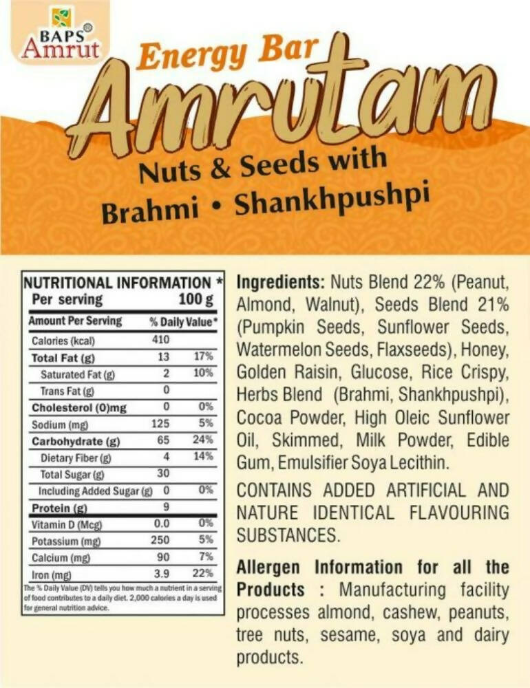 Baps Amrut Energy Bar Amrutam (Nuts & Seeds With Brahmi ?Shankhpushpi) | Grocsy
