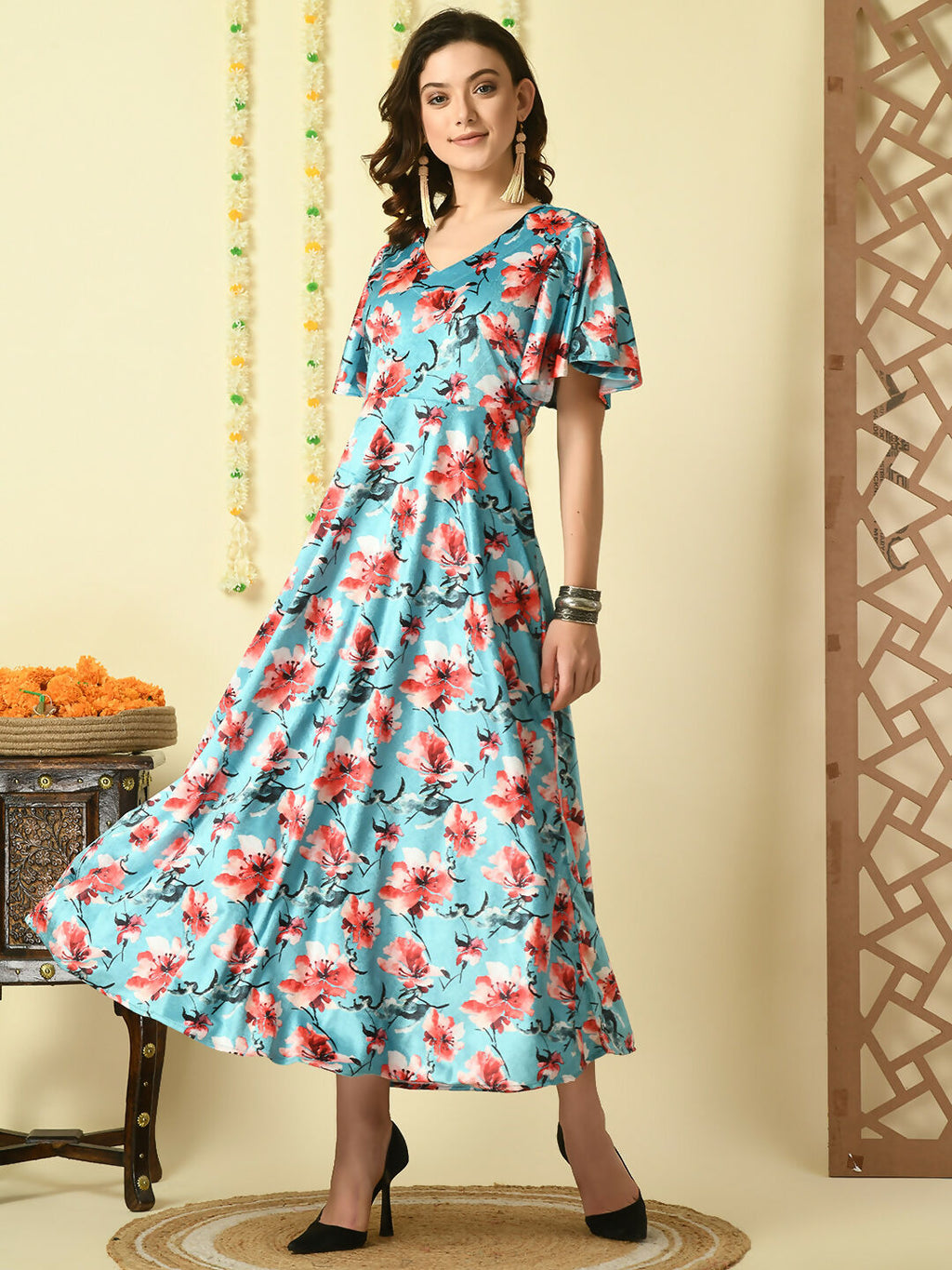 Myshka Women's Multi Printed Velvet Party Dress | Grocsy