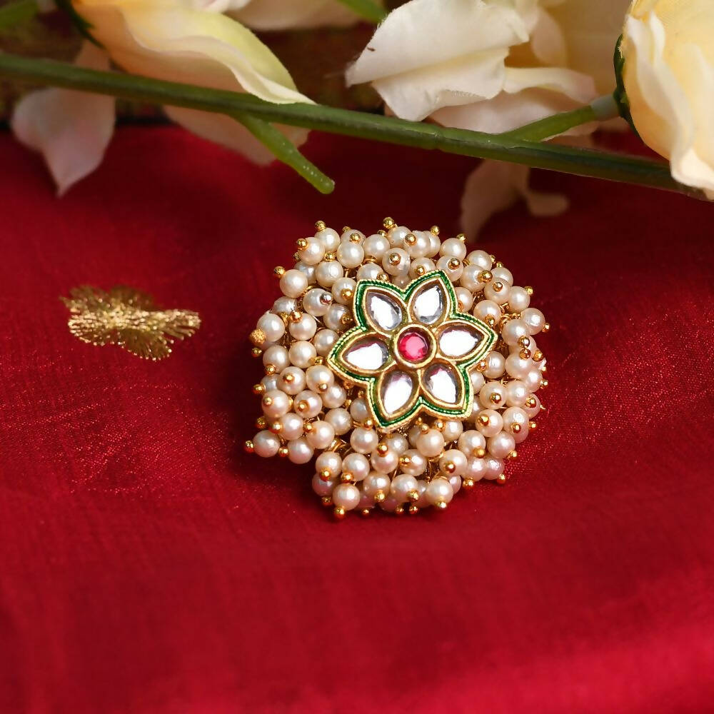 Mominos Fashion Joharkamal Gold-Polished with Pearls Adjustable Finger Ring | Grocsy