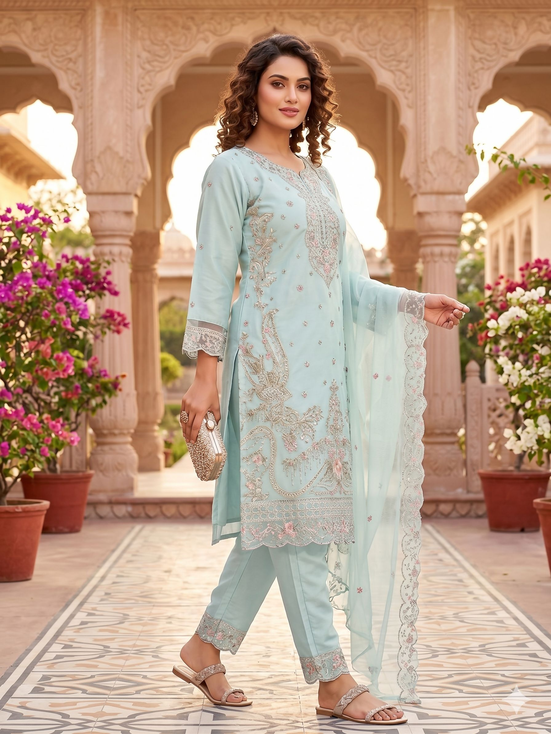 Teeya Creation Womens New Trendy Silk With Heavy Embroiedery With Sequence Work Sky-Blue Kurta Set | Grocsy