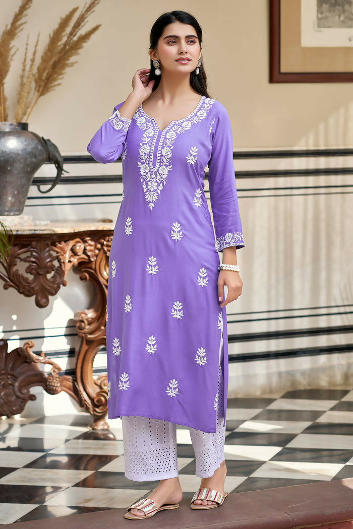 The52 Lavender Women's Gorgeous Chikankari work Pure Rayon Fabric Straight Kurta, Pant Set | Grocsy