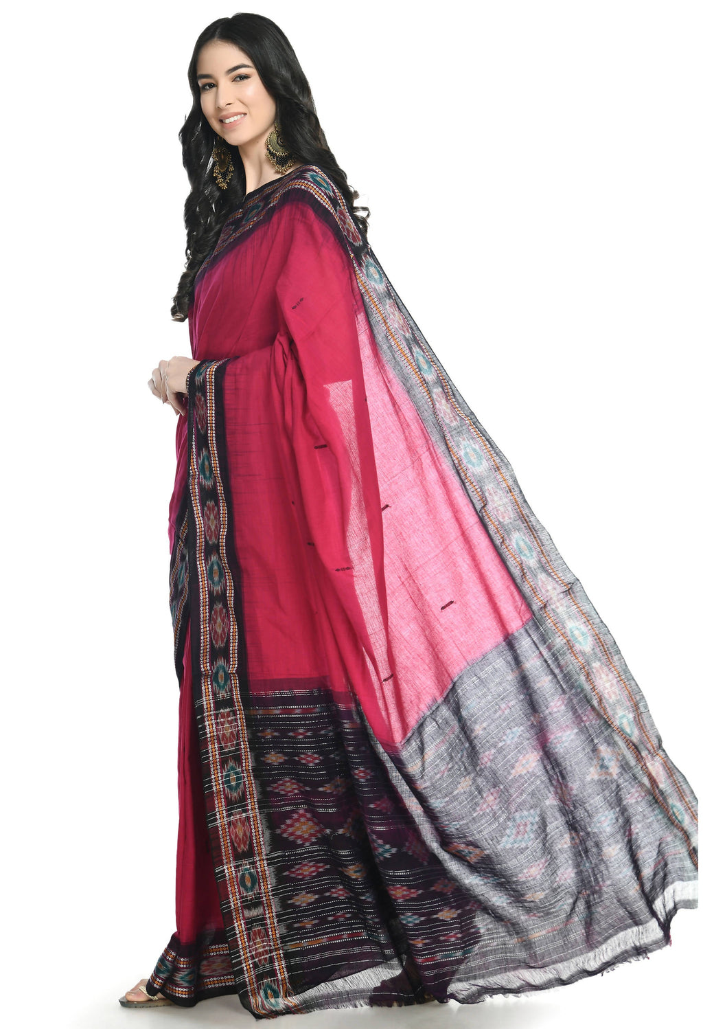 Vamika Sambalpuri Ikat Cotton Rekhabala Buti Magenta & Black Saree | Grocsy