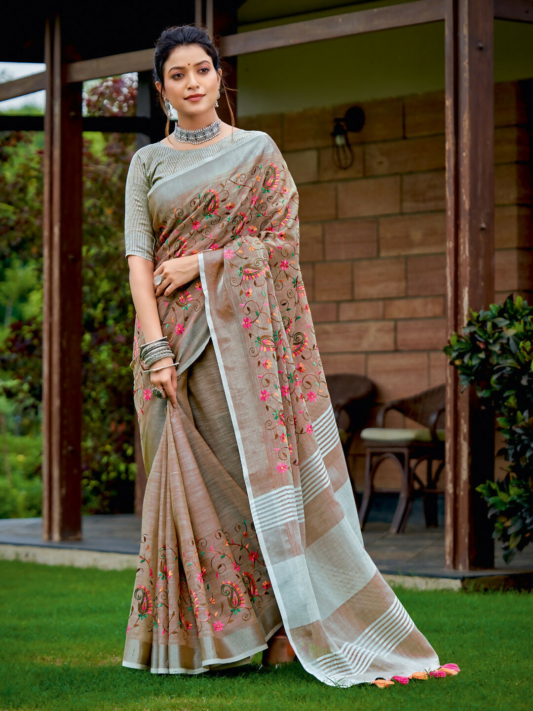 Shree Shyam Fashion Linen Brown Saree | Grocsy