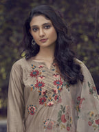 Indo Era Coffee Embroidered Straight Kurta Trouser With Dupatta Set | Grocsy