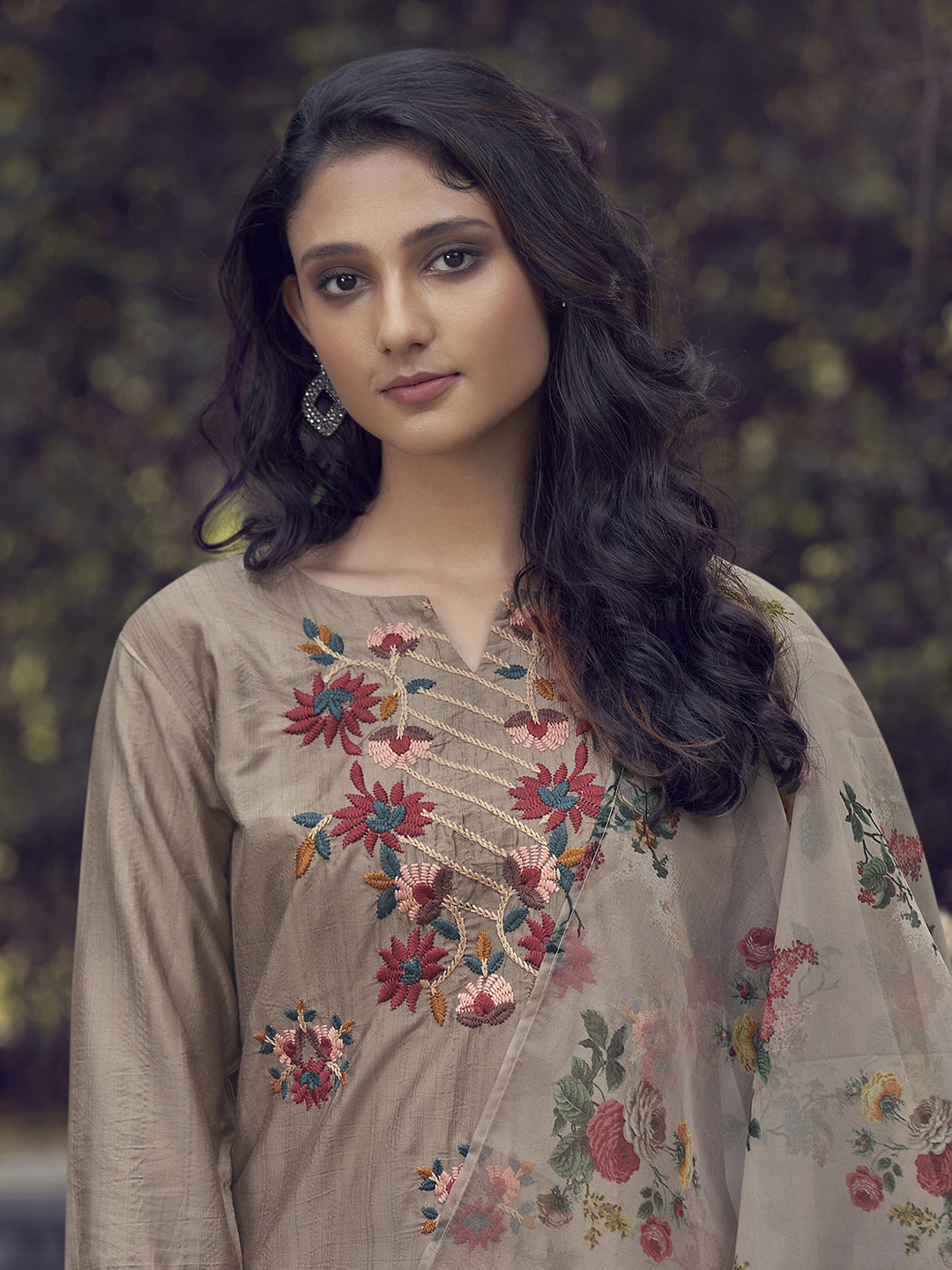 Indo Era Coffee Embroidered Straight Kurta Trouser With Dupatta Set | Grocsy