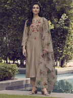 Indo Era Coffee Embroidered Straight Kurta Trouser With Dupatta Set | Grocsy