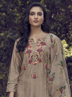 Indo Era Coffee Embroidered Straight Kurta Trouser With Dupatta Set | Grocsy