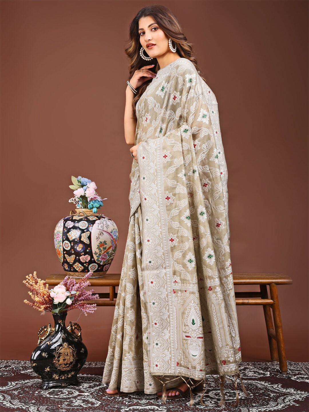 Shree Shyam Fashion Pankhuri Brown Linen Cotton Saree | Grocsy