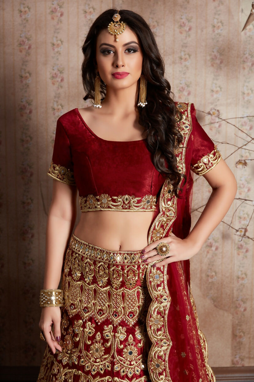 Jyoti Fashion Mesmerizing Red Sequins Embroidered Velvet Lehenga Choli with Dupatta | Grocsy