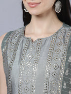 Myshka Women Grey Ethnic Motifs Printed Kurta with Shararas With Dupatta Set | Grocsy