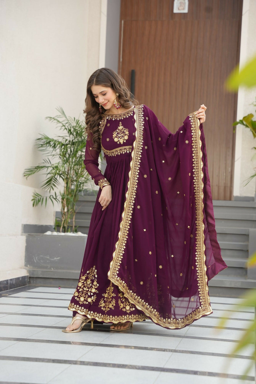 Joban Fashion Wine Georgette Sequence Embroidery Work Kurta Set | Grocsy