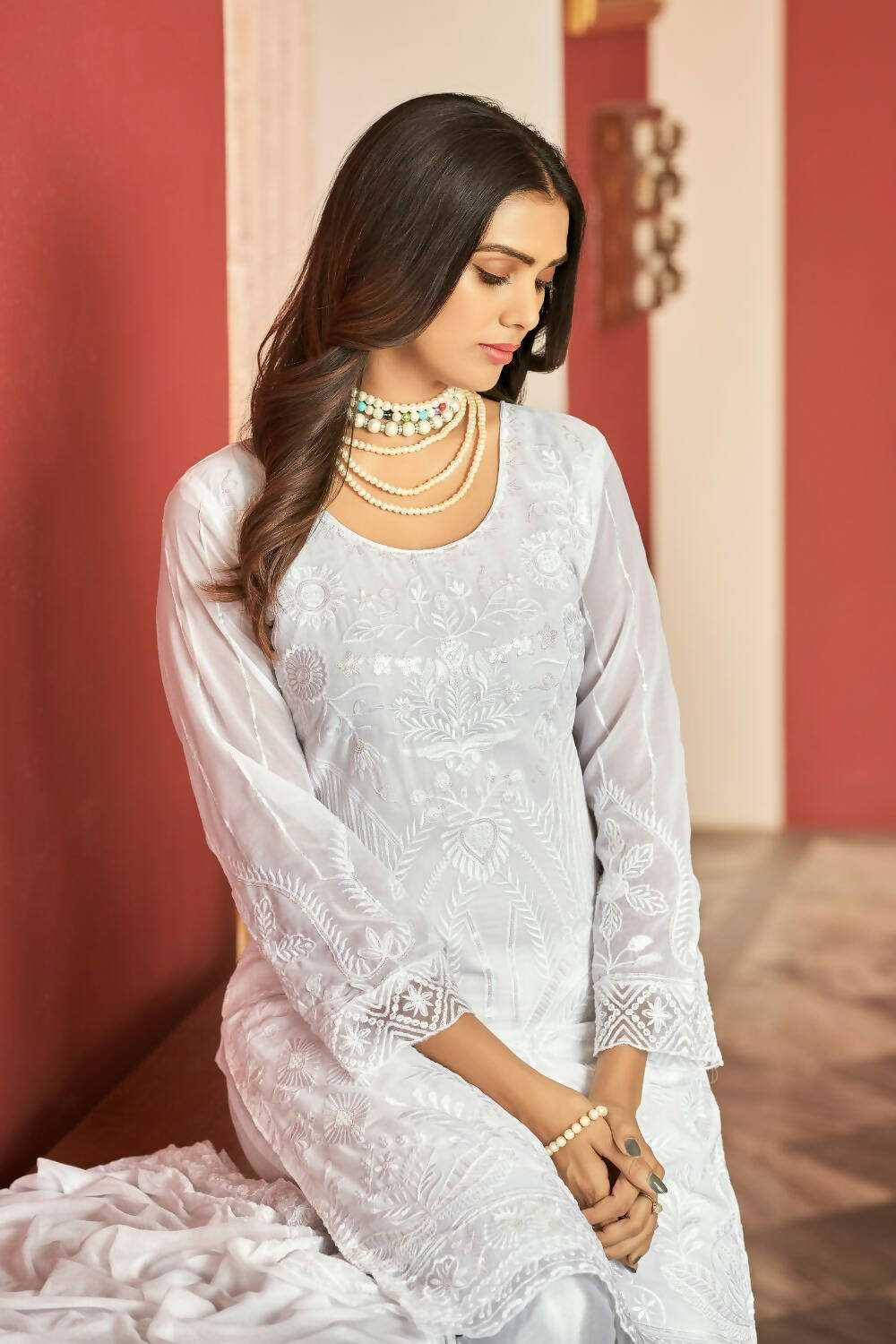 White Heavy Faux Georgette Embroidered Semi Stitched Suit - Dhvani | Grocsy