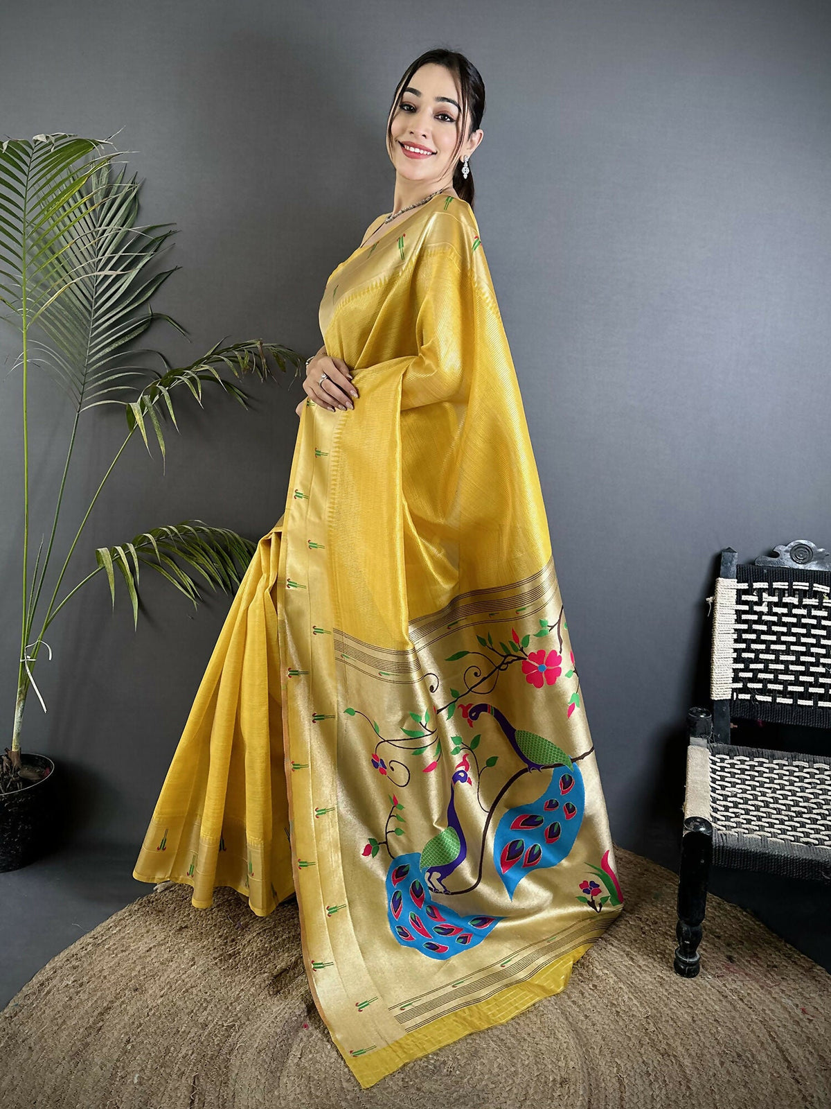 Joban Fashion Yellow Peacock & Floral Motifs Tissue Paithani Saree | Grocsy