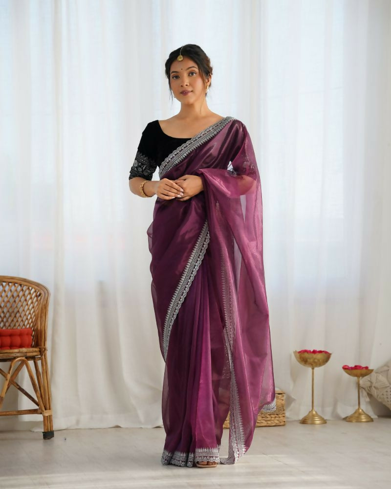 Attrctive Looking Gold Jari, Sequance Embroidery Work Twill Net Party Wear Saree - Wine | Grocsy