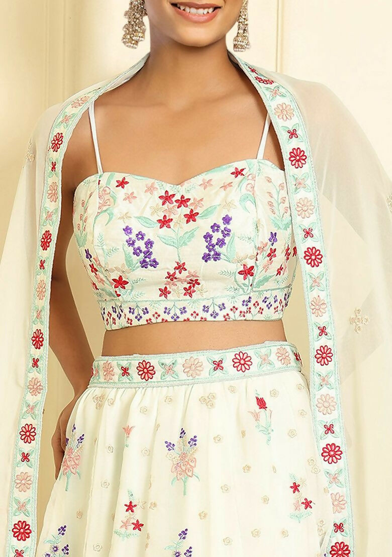 Eilara Glamorous Off White Thread Embroidered Georgette Lehenga Set | Grocsy