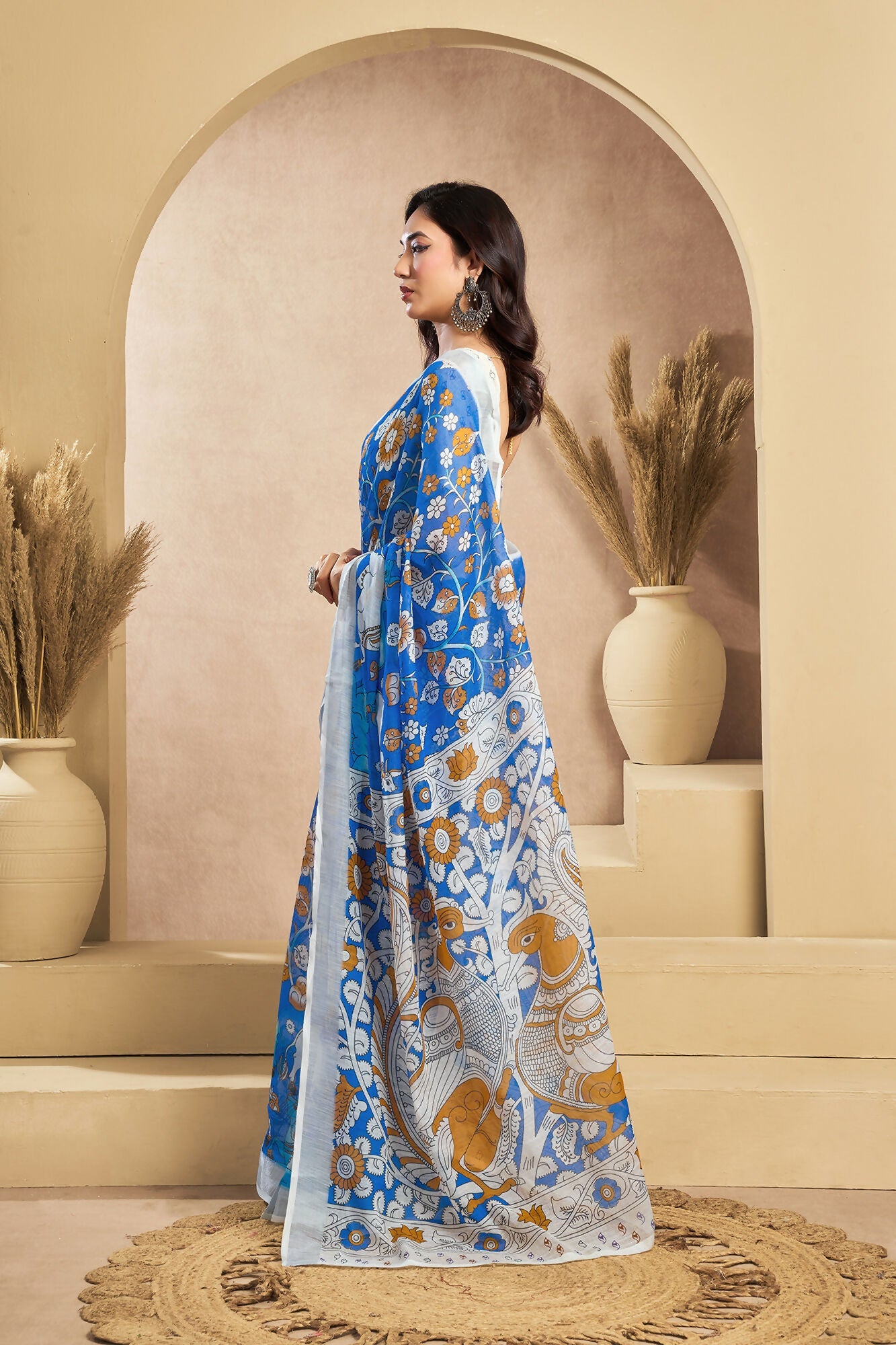 Vastranavya Blue Digital Printed Linen Ready To Wear Designer Saree with Unstitched Blouse | Grocsy