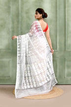 Piyari Fashion Women's White Embellished Cotton Blend Jamdani Saree | Grocsy