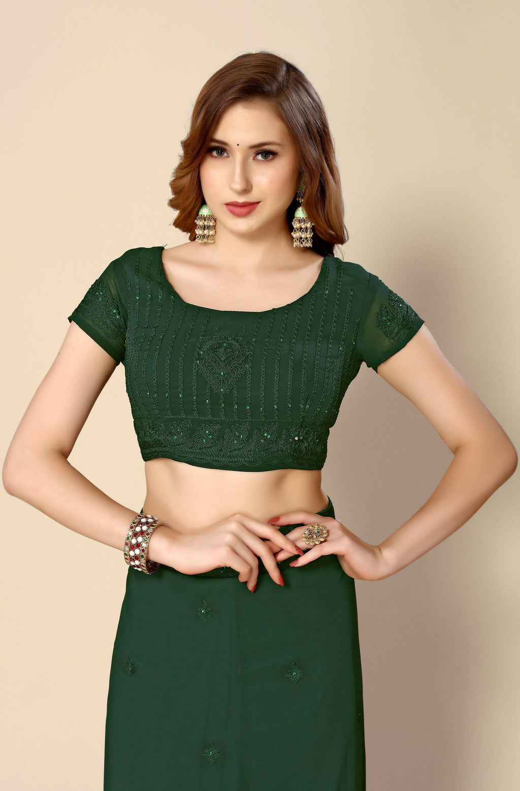 Green Georgette Embroidered and Stone Work Saree with Unstitched Blouse Piece - Roozal | Grocsy