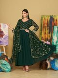 Jyoti Fashion Women's Bottle Green Georgette Embroidered Anarkali Kurta Pant Set With Dupatta | Grocsy