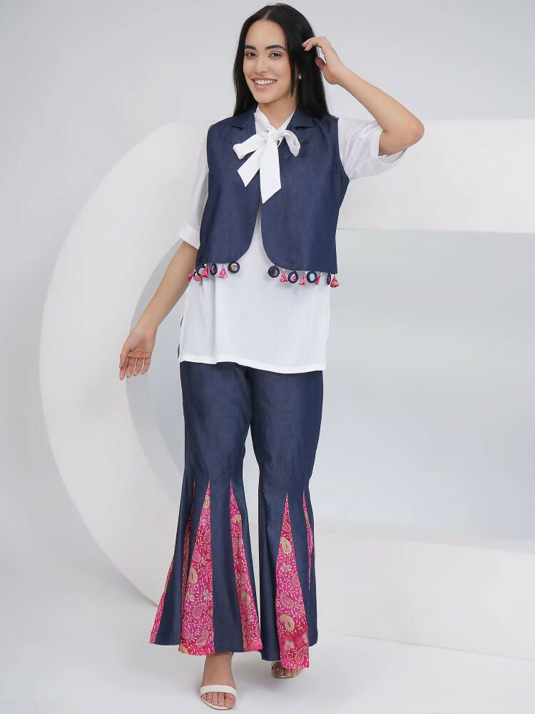 Joban Fashion White Rayon Crepe Hand-Embellished (Mirror Work) Sharara with Shirt and Jacket | Grocsy