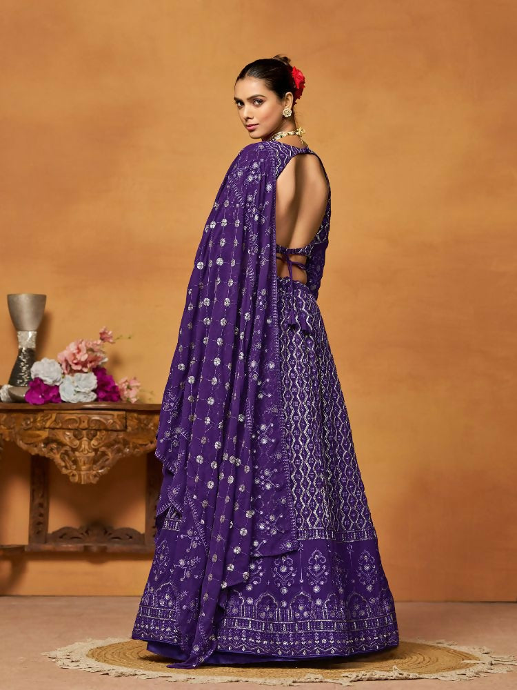 Purple Thread Sequence Embroidered Georgette Lehenga Choli - Jihu Culture | Grocsy