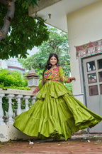 Teeya Creation Womens New Stylish Heavy Gamthi Work With Mirror Lace Work Green Gown Set | Grocsy