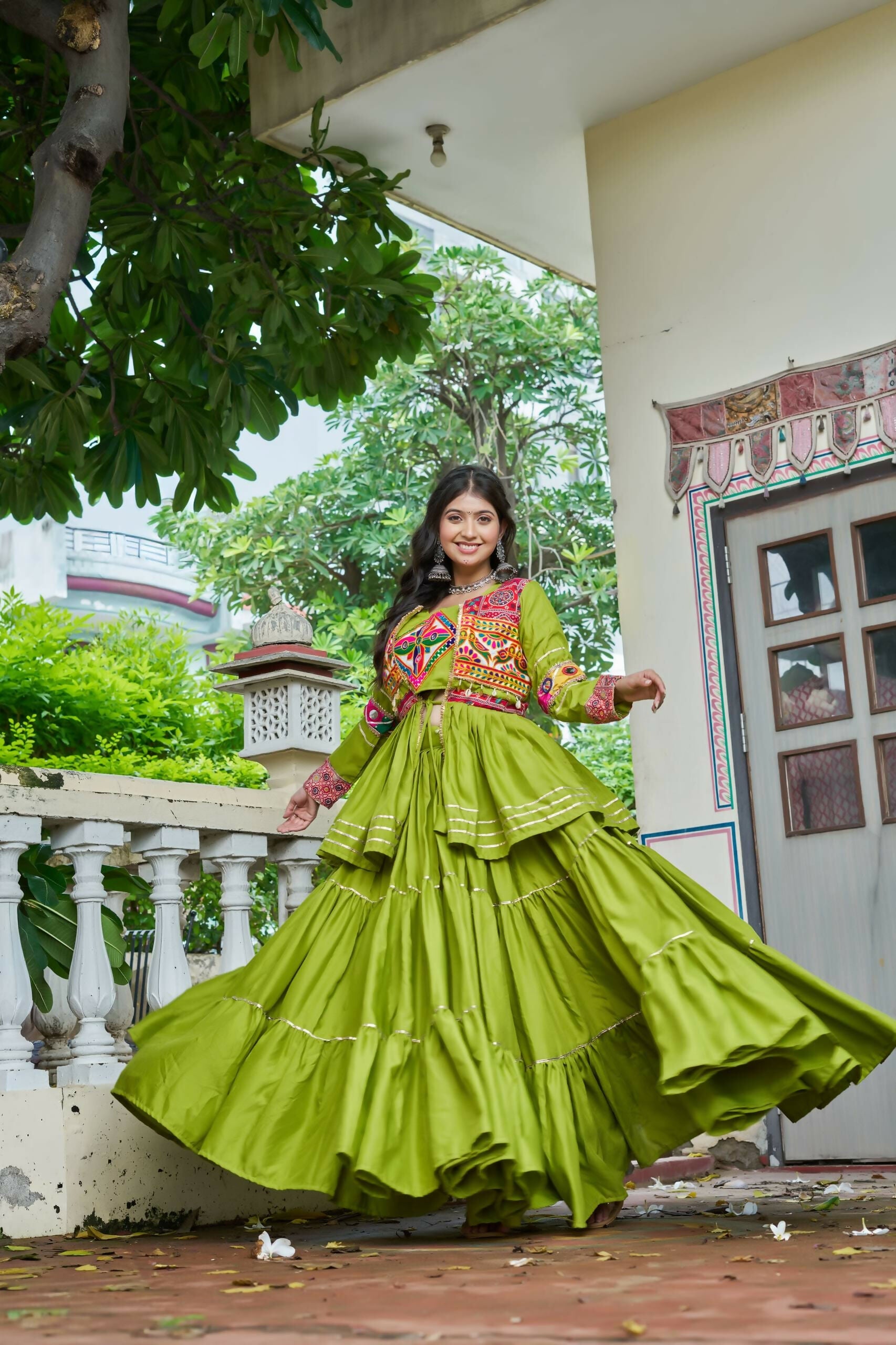 Teeya Creation Womens New Stylish Heavy Gamthi Work With Mirror Lace Work Green Gown Set | Grocsy