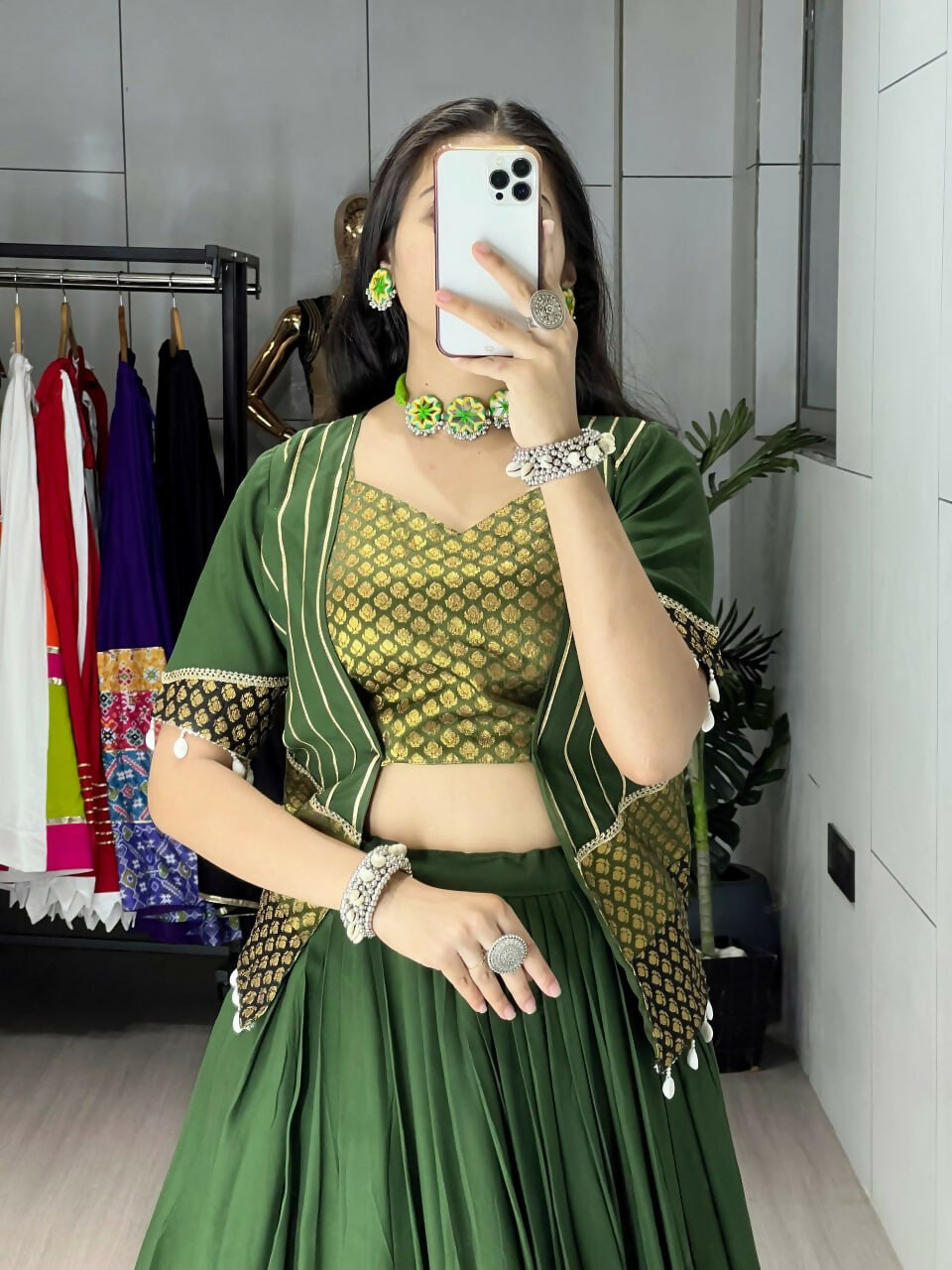 Yash Enterprise Mehndi Rayon Cotton Embroidery Semi Stitched Navratri Top Chaniya Choli | Grocsy