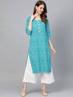 Vamika Sky Blue Printed Cotton Party/Casual Wear Kurta Set/Suit | Grocsy