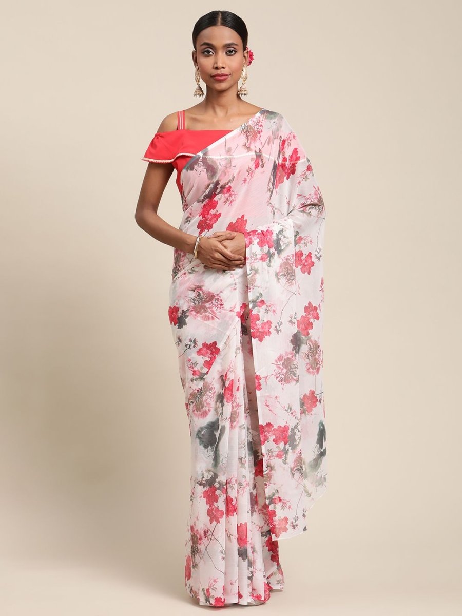 Ahalyaa Women's White Chiffon Digital Print Floral Saree | Grocsy