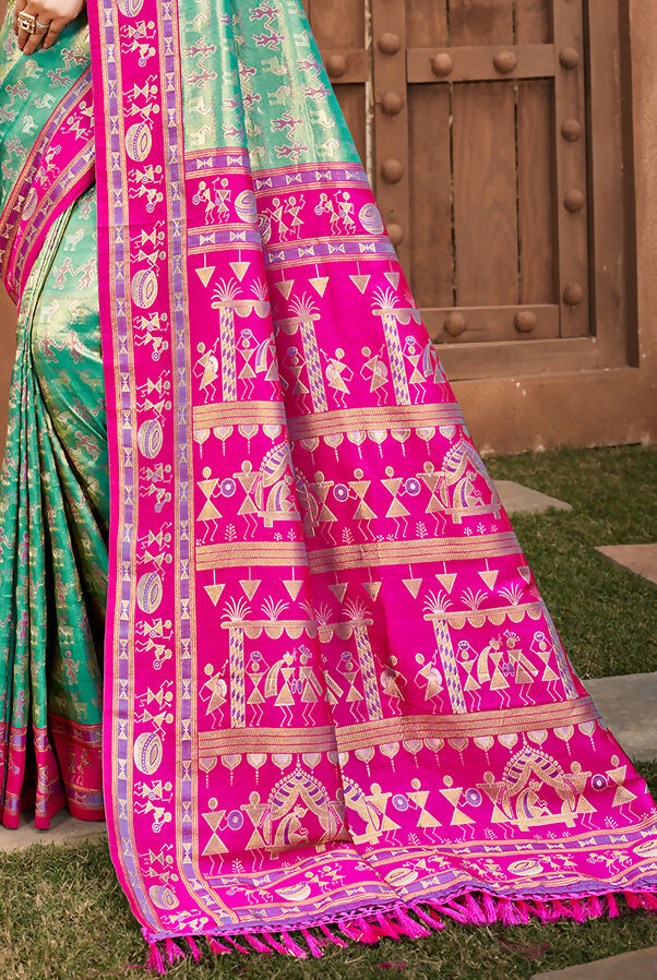 Sangam Prints Green Kanjivaram Silk Woven Work Traditional Saree | Grocsy