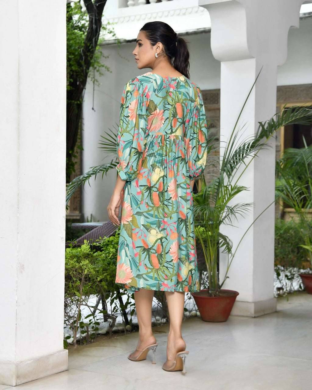 Vaasva Women's Teal Musline Viscose Digital Printed Dress | Grocsy
