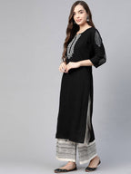 Yufta Women Black & White Yoke Design Thread Work Cotton Kurta with Palazzo & Dupatta | Grocsy