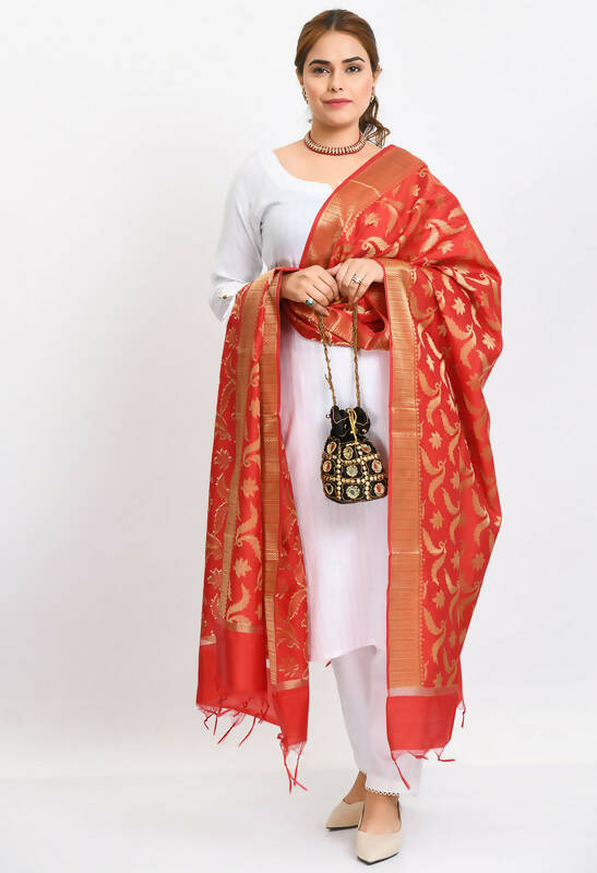 Mominos Fashion Moeza Women's Banarsi Silk Floral Woven Design Red Dupatta | Grocsy