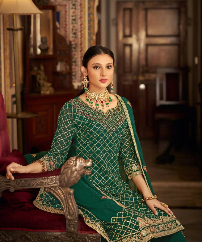 Green Heavy Chinon Semi Stitched Kurta with Bottom & Dupatta - Dhvani | Grocsy