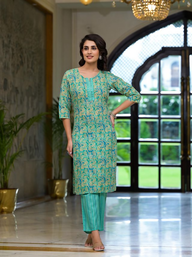 Juniper Women's Green Ethnic Motif Printed Cotton Kurta Pant And Dupatta Set With Mirror Work & Sequins | Grocsy