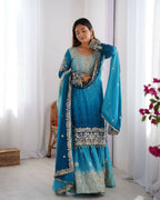 The52 Women's Beautiful Chinon silk Fabric Embroidery Work Straight Kurta Palazzo and Dupatta Set | Grocsy