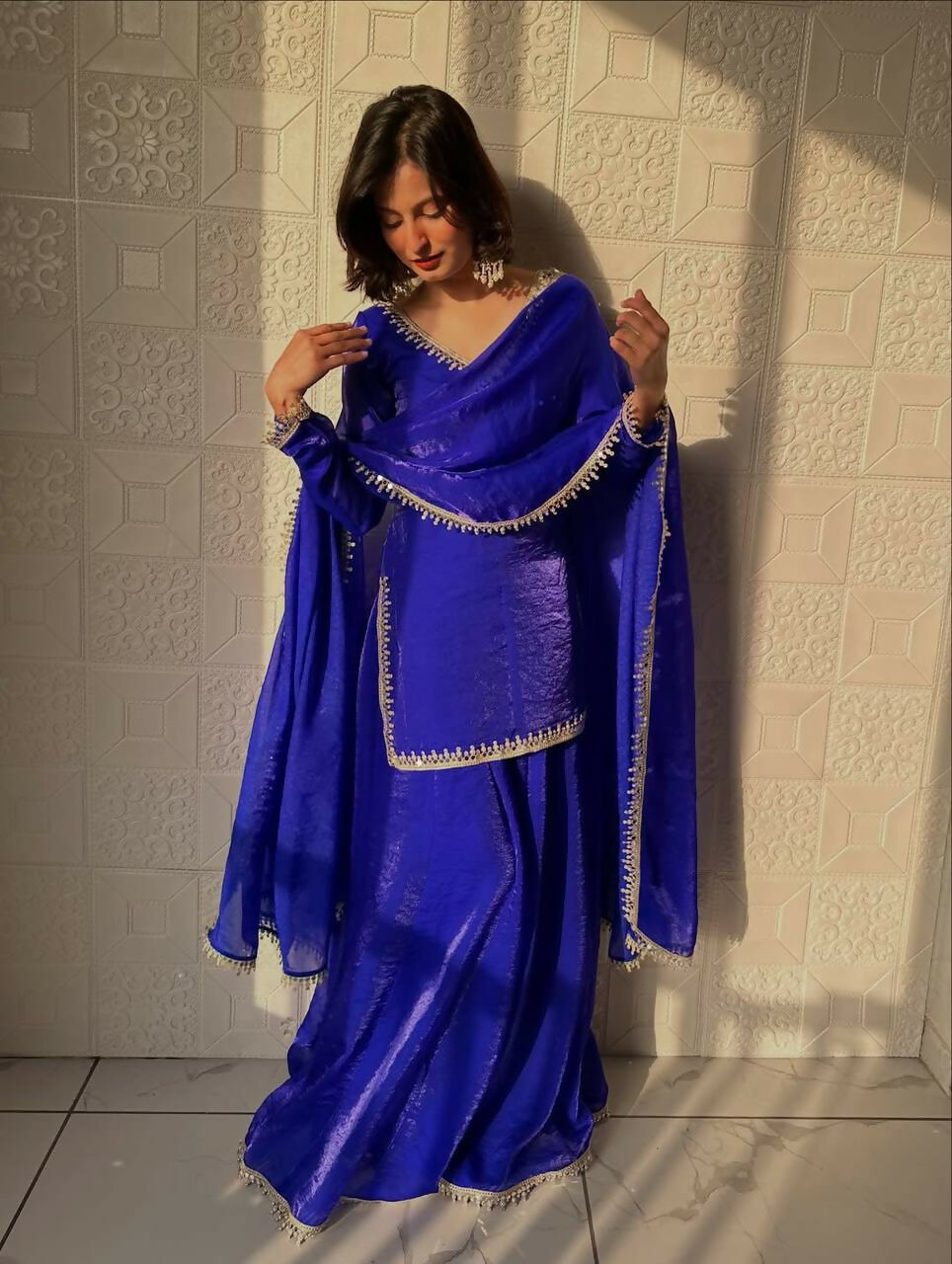 Teeya Creation Womens New Trending Less and Mirror Work Kurta Palazzo Set - Dark-Royal-Blue | Grocsy
