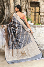 Joban Fashion Silver Grey Pure Katan Pure Handloom Banarasi Silk Saree | Grocsy