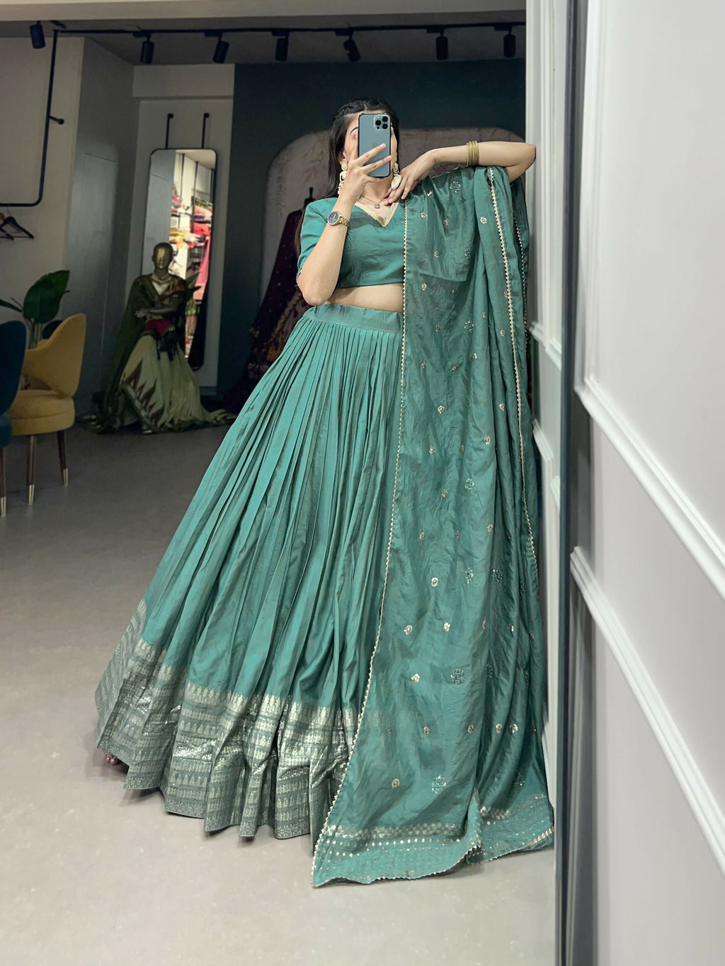 Lorenvalley Seagreen Pure Chanderi Plain With Zari Weaving Work Border Lehenga Choli | Grocsy