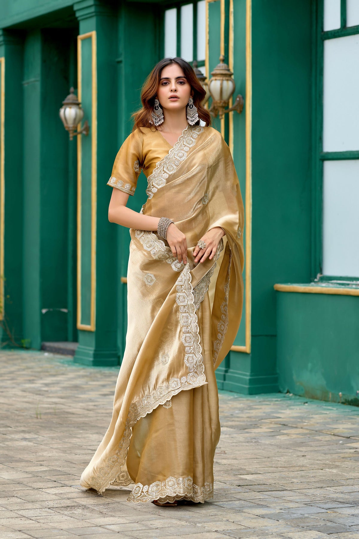 Vastranavya Beige Embroidery Work Shimmer Chiffon Saree with Unstitched Blouse | Grocsy