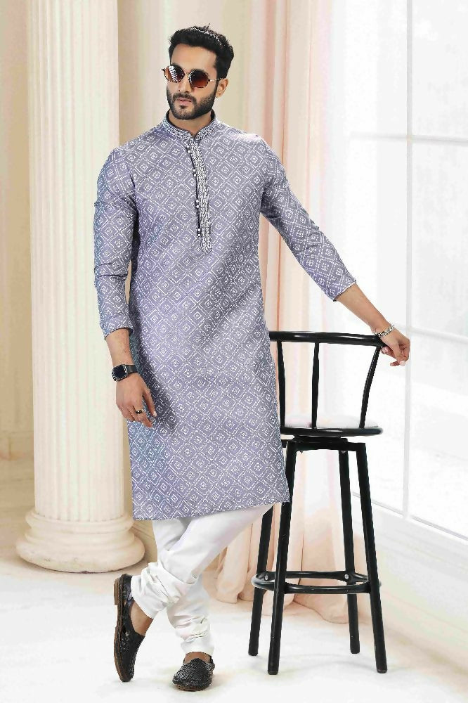 Raivat Ethnic Cotton Thread Work Kurta Pajama In Grey Colour | Grocsy