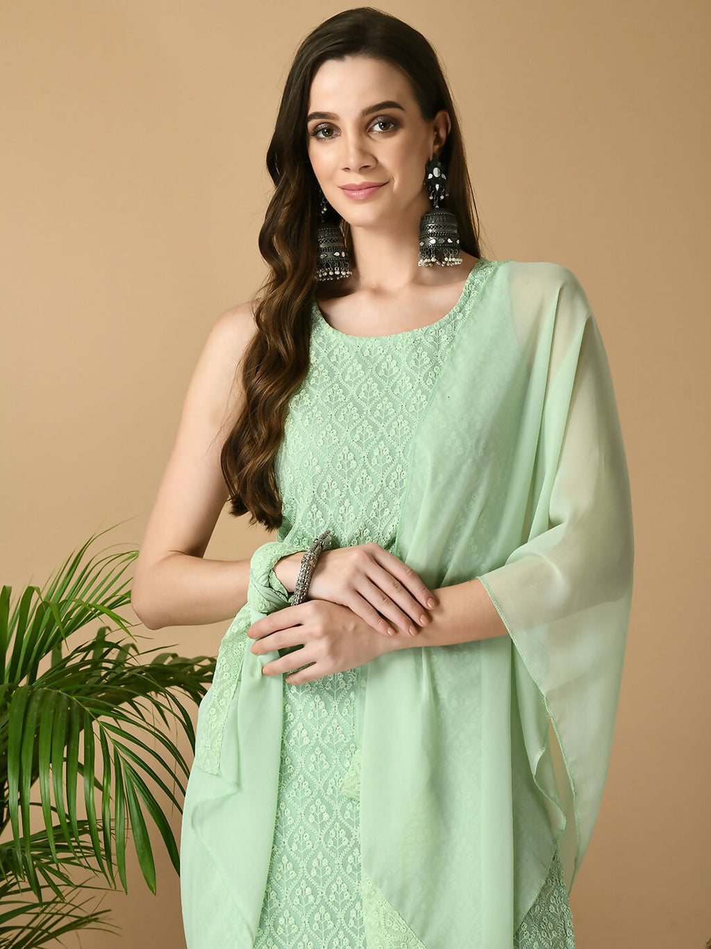 Myshka Women's Green Georgette Sleeveless Straight Party Kurta With Dupatta Set | Grocsy