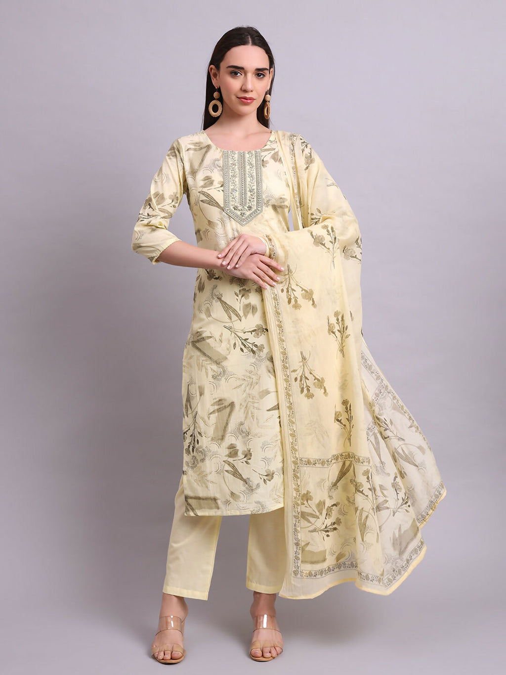 Joban Fashion Beige Cotton Floral Printed & Embroidery Work Kurta With Trousers & Dupatta Set | Grocsy