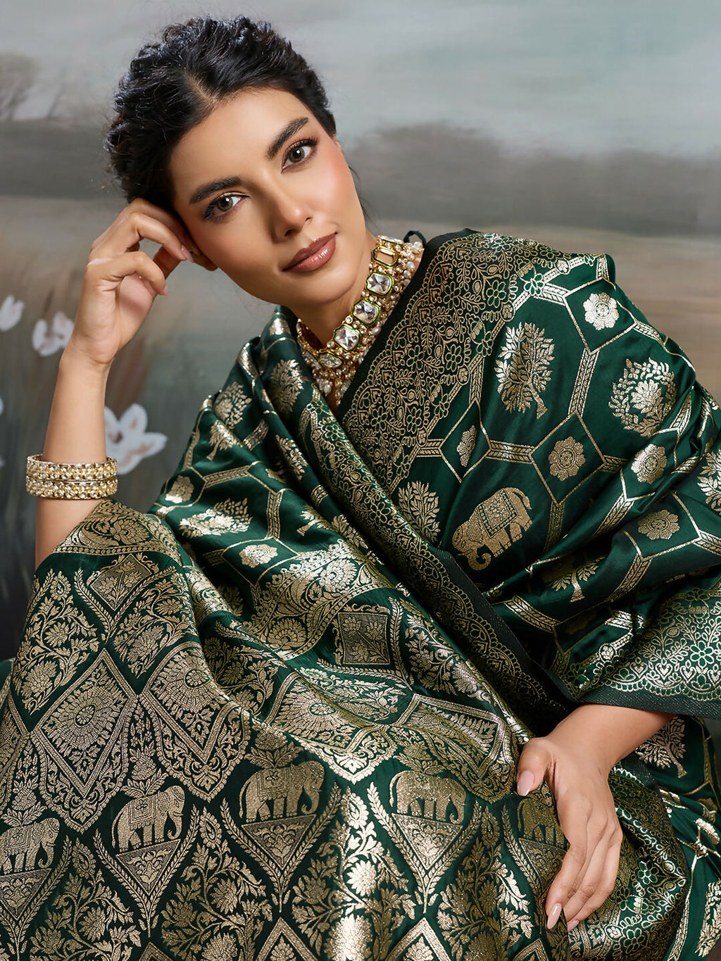 Shree Shyam Fashion Bottle Green Silk Blend Saree | Grocsy