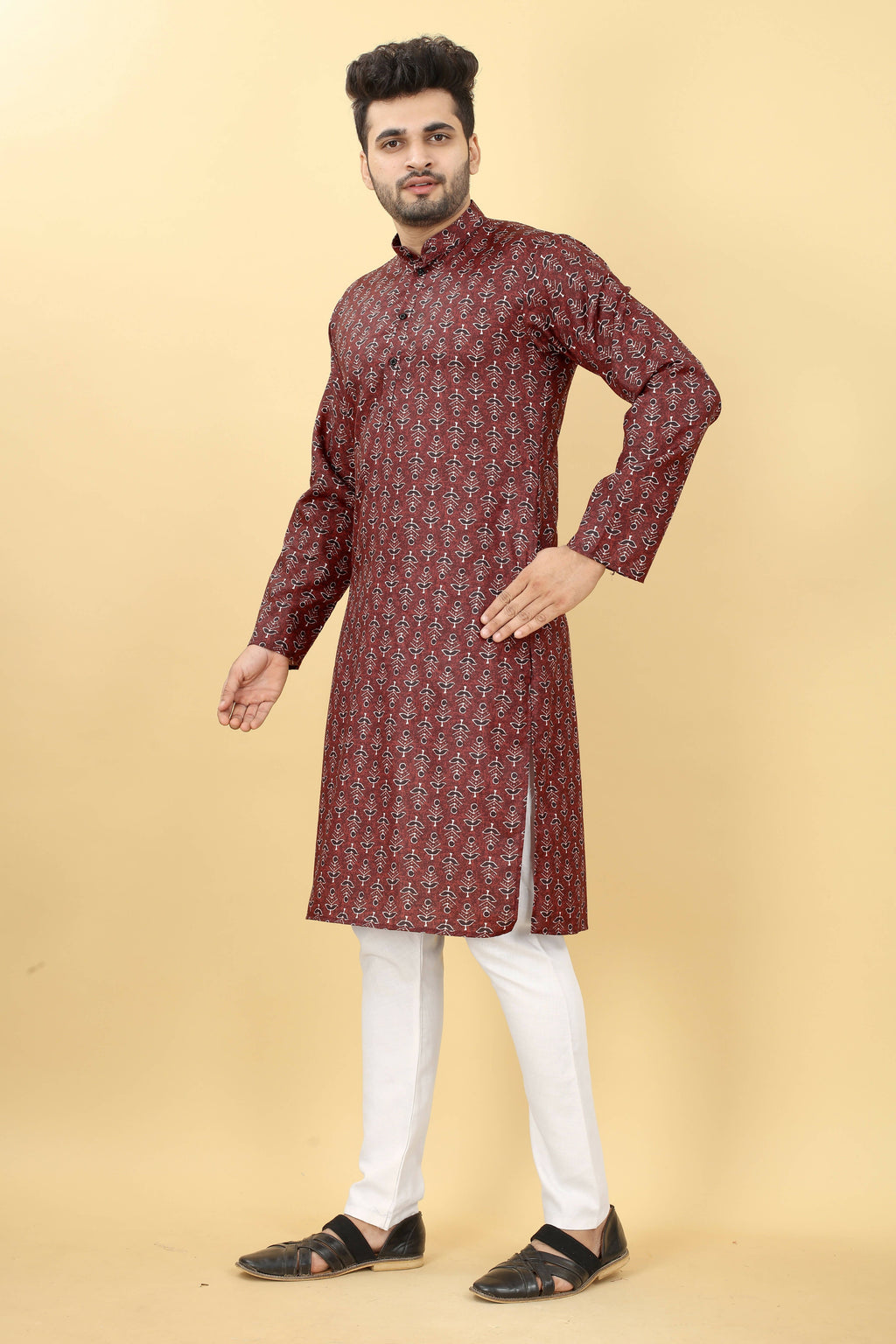 Maroon Cotton Printed Men's Kurta - Mahotsav | Grocsy