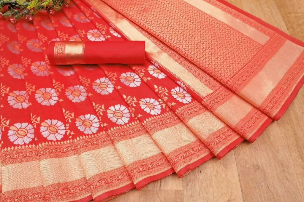 DEIANA'S Beautiful Designer Golden zari Soft Lichi Silk Saree - Red | Grocsy