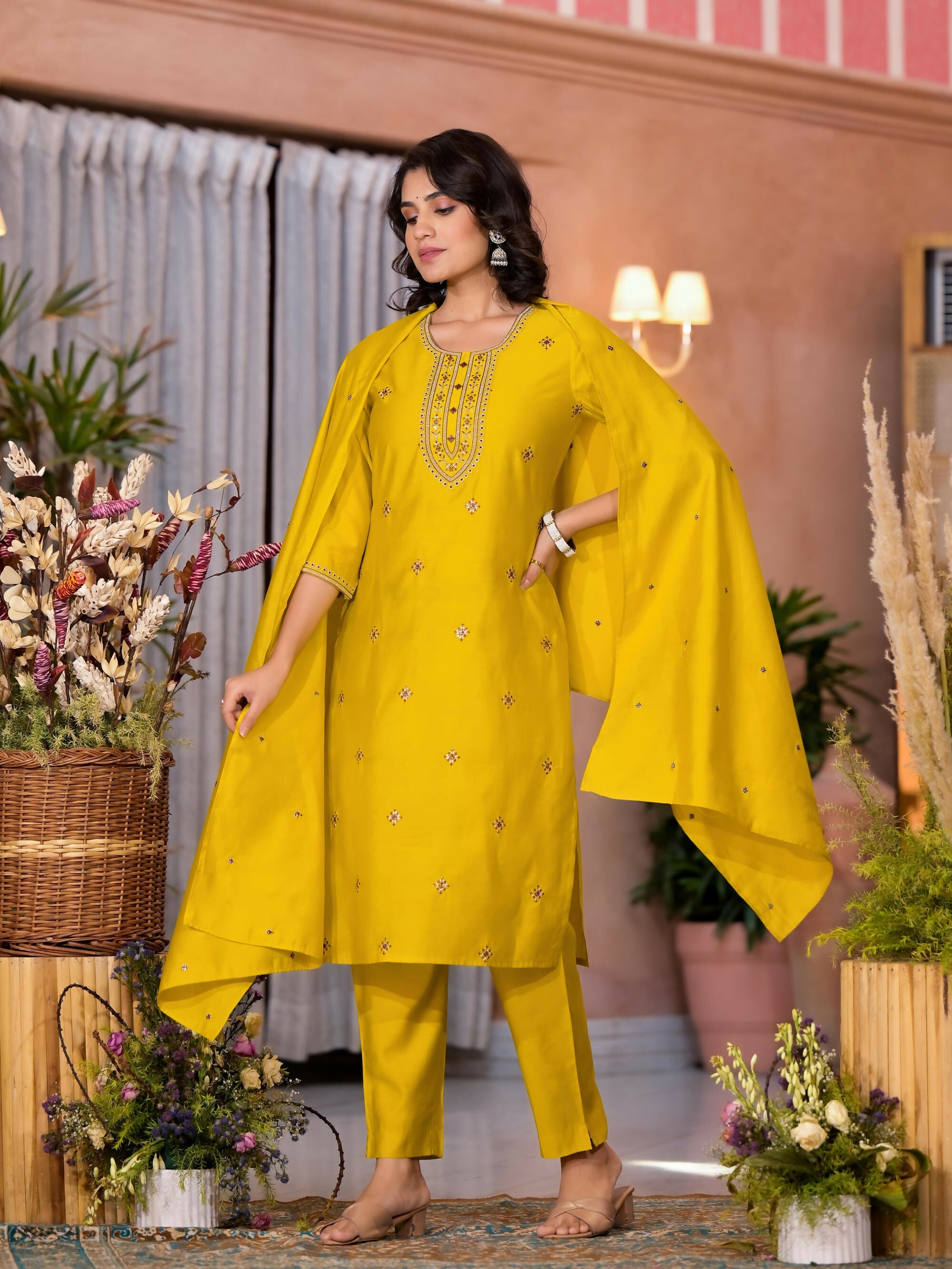 Juniper Women's Yellow Thread Embroidered Viscose Kurta Pant And Dupatta Set With Zari Work | Grocsy